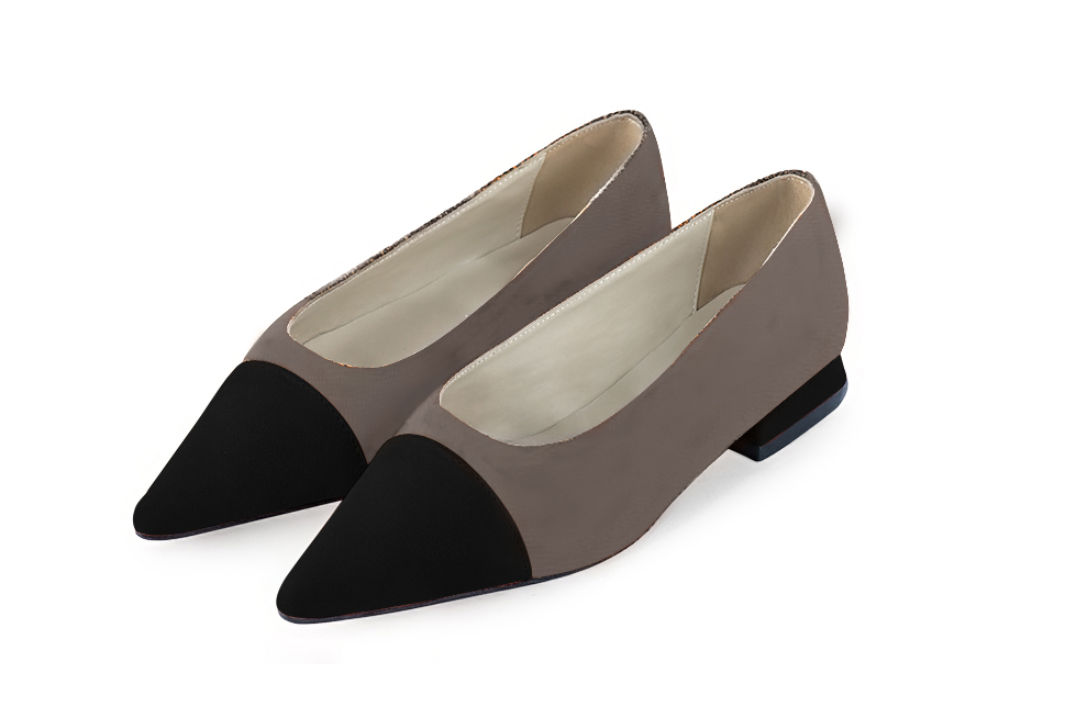 Matt black and taupe brown women's dress pumps, with a round neckline. Pointed toe. Flat block heels. Front view - Florence KOOIJMAN